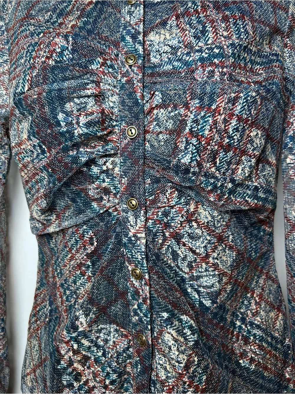Ramy Brook Hamilton plaid ruched button front top size XS 70s disco sheer mesh - Picture 4 of 11